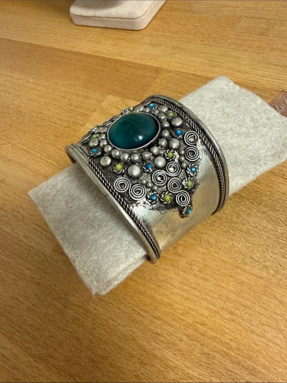 Large tin wide cuff bangle bracelet with swirl and faux stone inlay